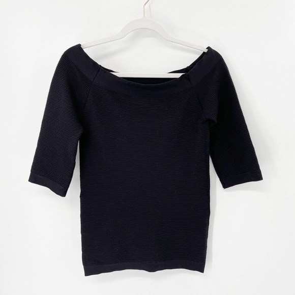 Aritzia Babaton Dermot Ribbed T-Shirt Sz M Black Boat Neck Stretch 3/4 Sleeve - Picture 4 of 9